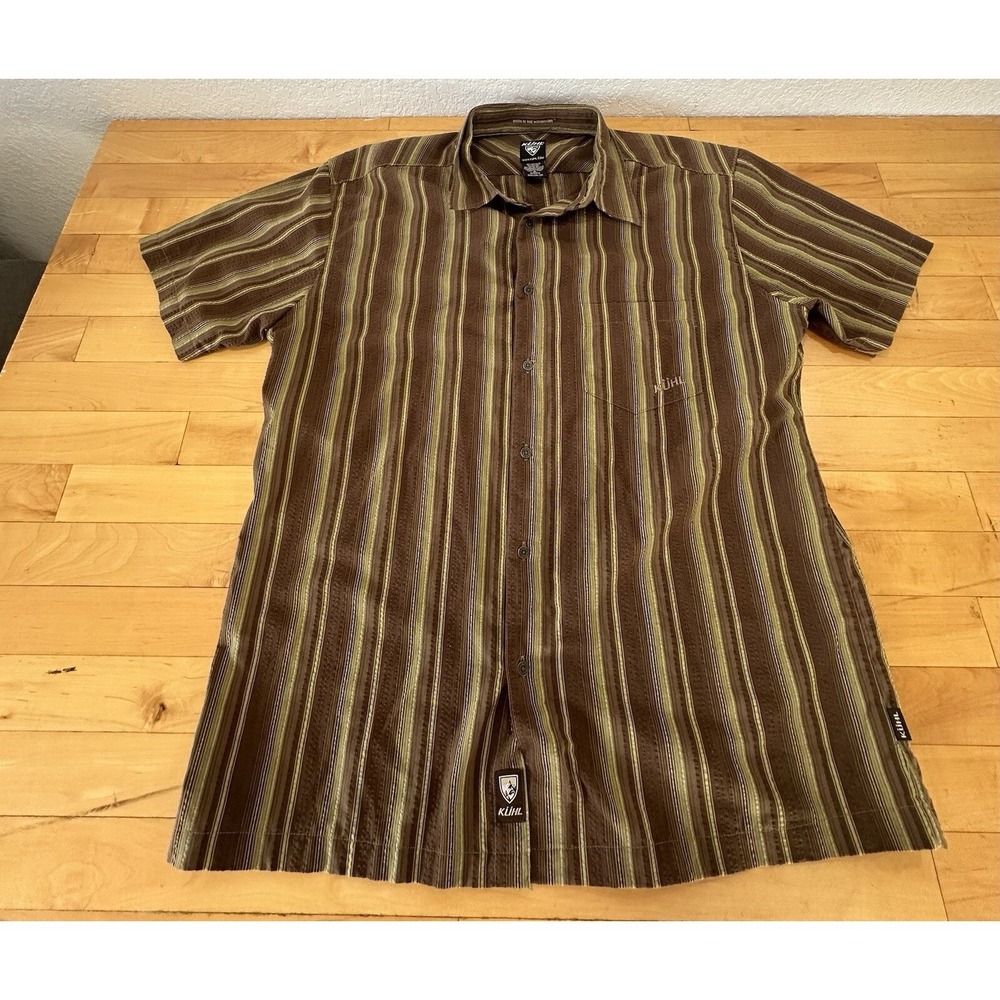Kuhl Mens XL Brown Green Striped Short Sleeve Button Down Shirt Organic Cotton